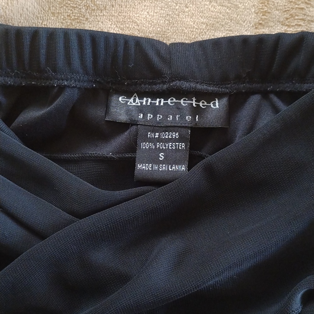 Dressy black wide leg  pants with sheer overlay and attached sheer tie belt